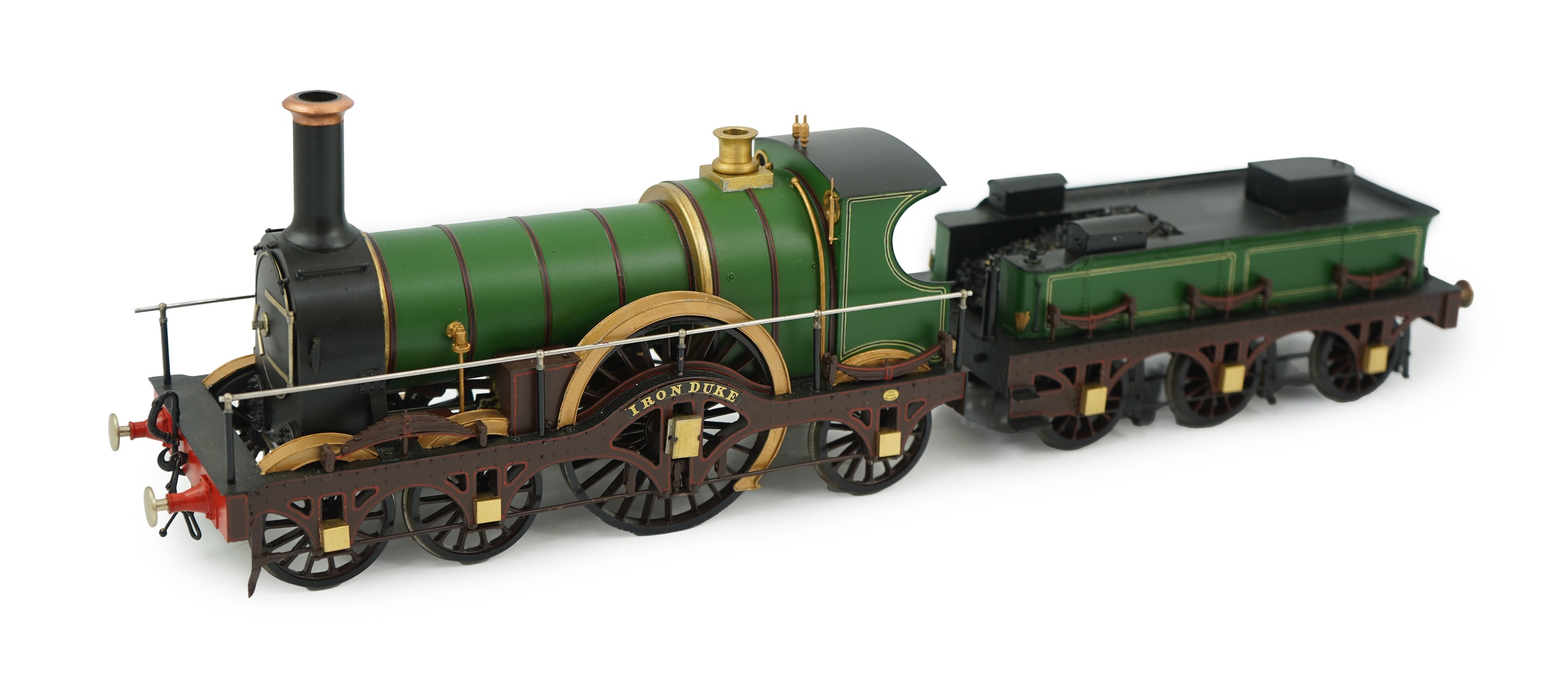 A ‘Gauge One’ kit/scratch built model of GWR broad gauge 4-2-2 tender locomotive Iron Duke scaled to run on 70mm track, unpowered and with a good level of detailing including the valve gear between the frames.